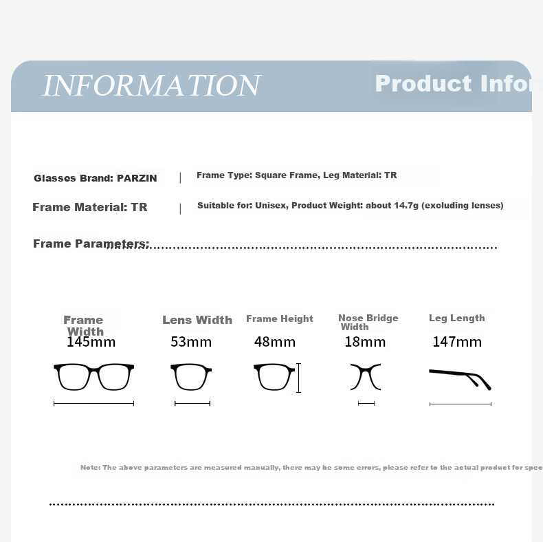 PARZIN Myopia Glasses Frame, Fan Chengcheng Style Face-Slimming Fashionable TR Square Frame Glasses, Can Be Fitted with Prescription Lenses, 31008 8