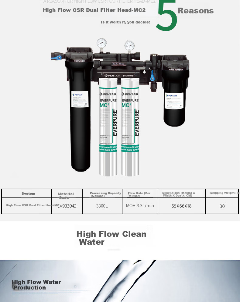 Everpure Coffee Shop/bubble Tea Shop/chinese Restaurant, 3.3 Liters/minute, 3300L Water Production Capacity, High-End Commercial Water Purifier, HIGH FLOW CSR TWIN-MC2 10