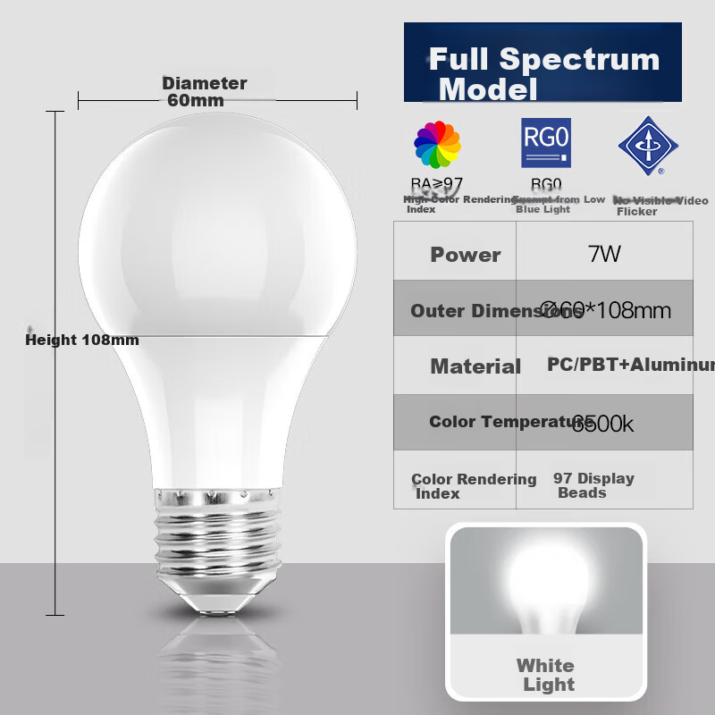 Foshanzhaoming LED Bulb, Ra97 Energy-Efficient Globe Bulb, Exempt-Level Blue Light, E27 Large Screw Base, Light Source, 7W White Light