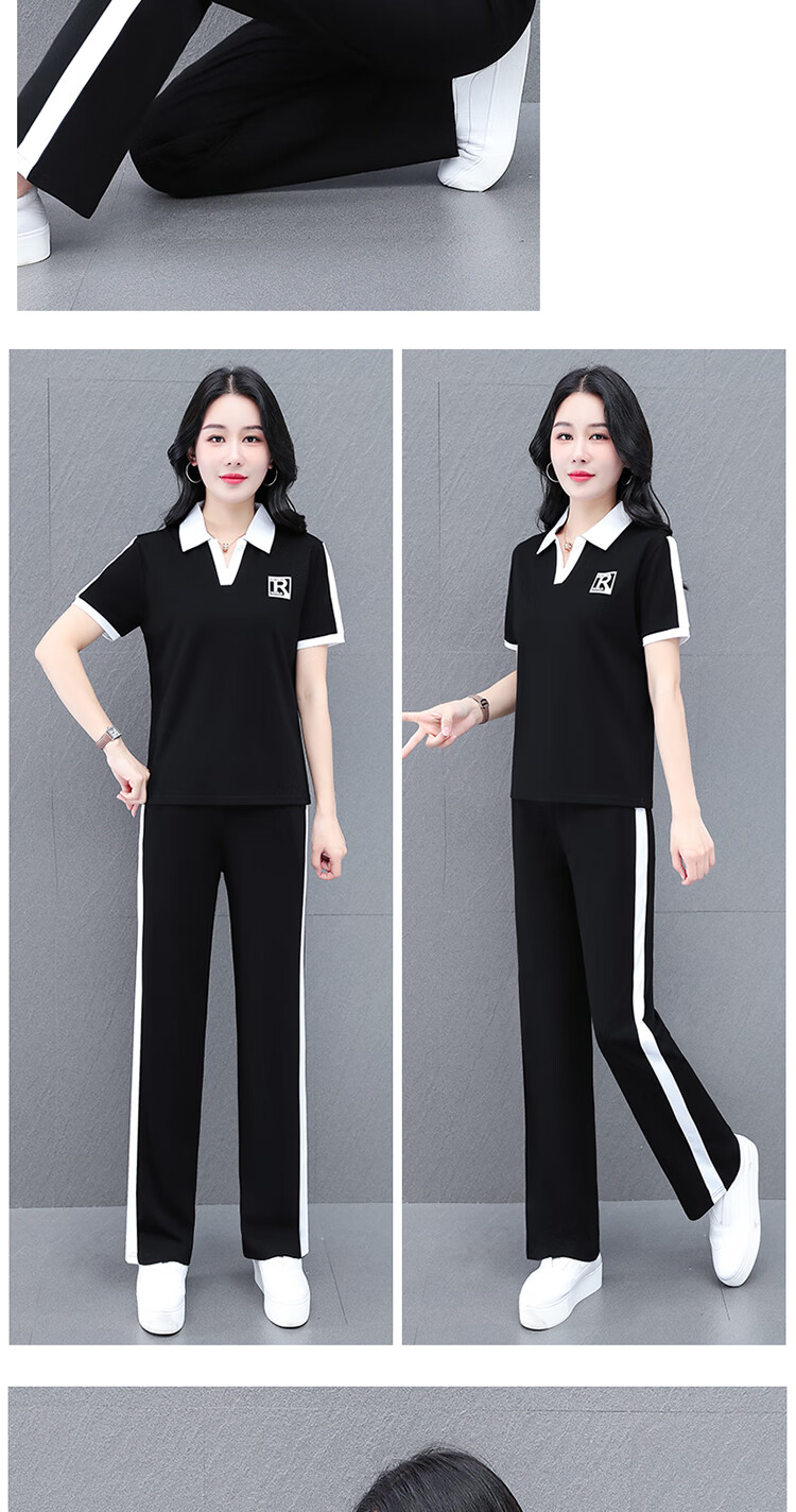 Woodpecker Ice Silk Sports Set for Women Summer Plus Size Fashion Casual Versatile Middle-aged Mom Two-piece Set Black XL 6