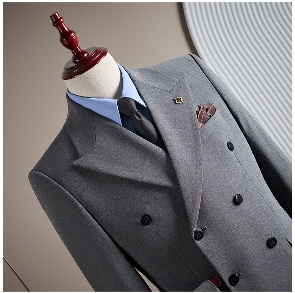 ROMON Men's Business Suit Set Blazer + Vest + Trousers Double-Breasted Casual Navy Blue 3XL 10