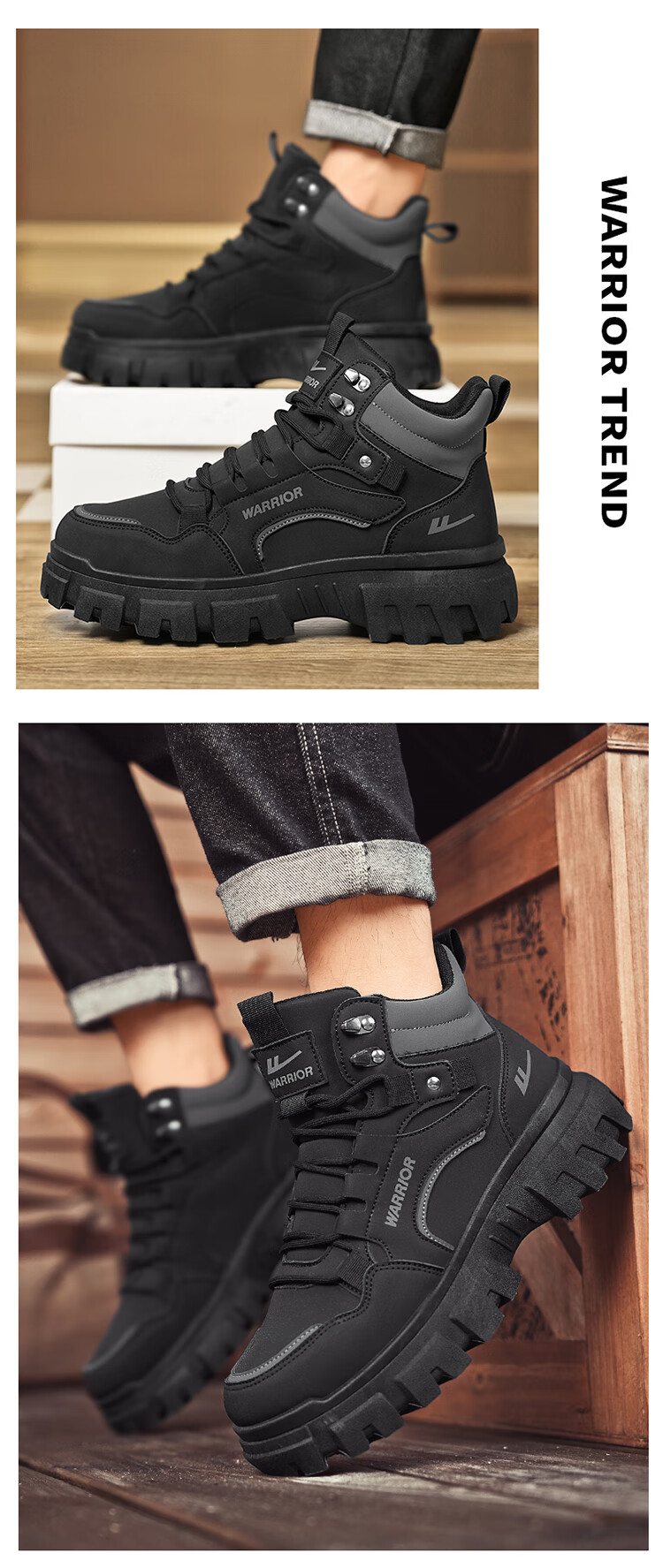 Warrior Martin Boots Men's Autumn Winter New Casual Thick Sole High Top Work Shoes Black Gray 41 8