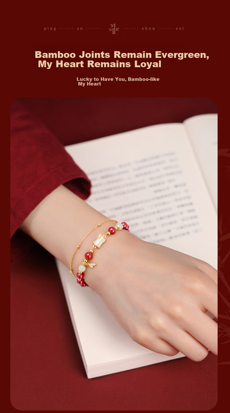 Zhenshangyin Chinese Gold Hetian Jade Bamboo Joint Cinnabar Bracelet Silver Necklace Women's Jewelry Birthday Gift for Girlfriend Wife S925 7