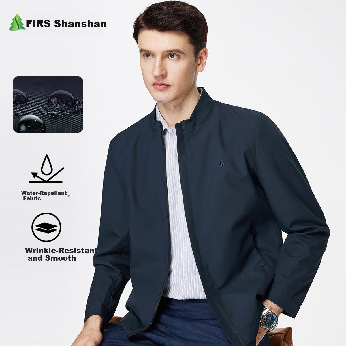 FIRS Men's Jacket for Spring And Autumn, Business Casual Commute Wear, Solid Color Stand Collar, Zipper Windproof Smooth Men's Outerwear