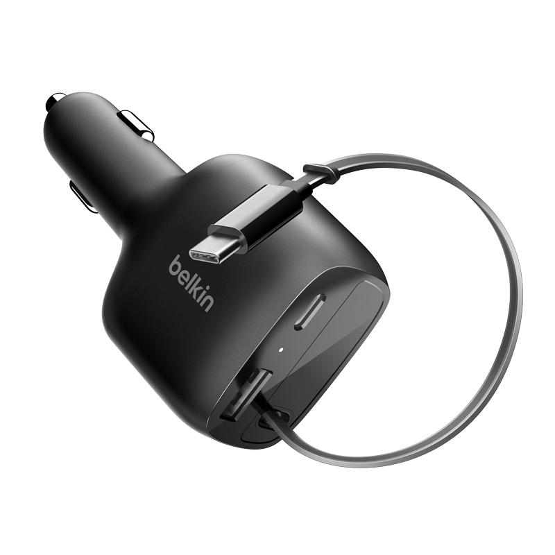 BELKIN 75W Car Charger with Built-in Cable Fast Charging Car Cigarette Lighter Adapter Expansion Triple Device Charging Retractable Cable Black