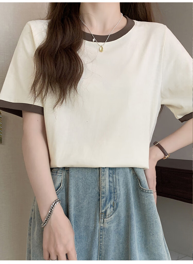 Yiershuang 100% Cotton Women's Short Sleeve T-Shirt Comfortable Skin-Friendly Color Block Basic Casual Top 14
