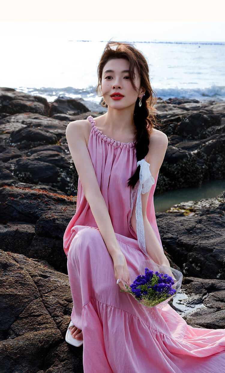 Demana [Neck-Tie Halter] Summer Elegant Vacation Style Handmade Gathered Collar Off-Shoulder A-Line Waistless Women's Dress 24