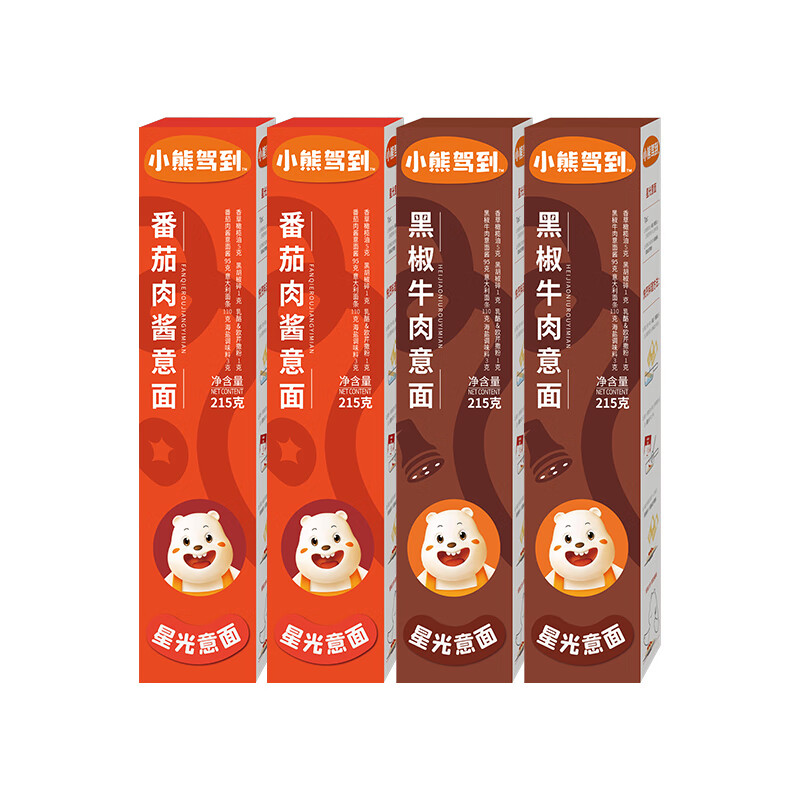 小熊驾到意大利面215g*4盒番茄肉酱+黑椒牛肉 儿童意面方便面速食通心粉