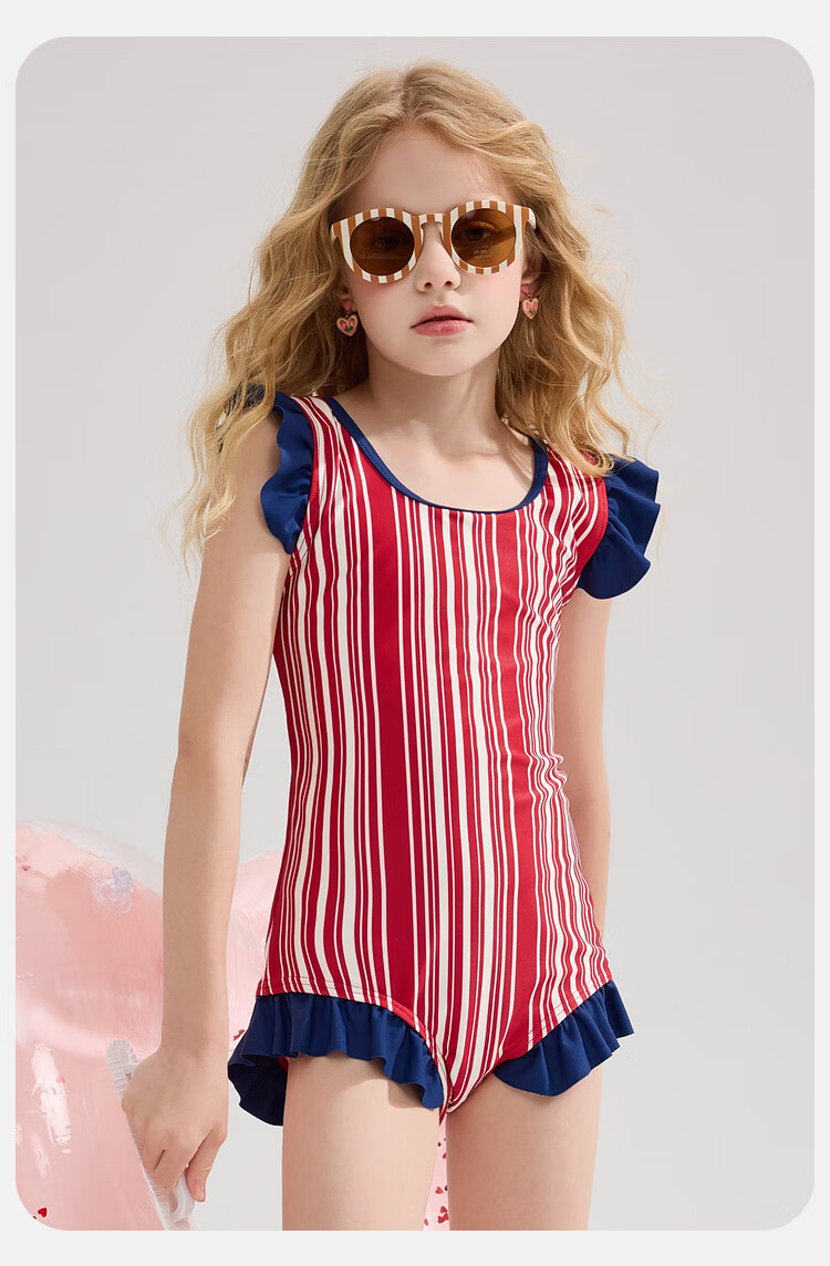 ASK JUNIOR Children's Swimsuit with Swim Cap, Summer One-Piece Vacation Style Short-Sleeve Swimsuit for Older Girls, Red, Size 110 8