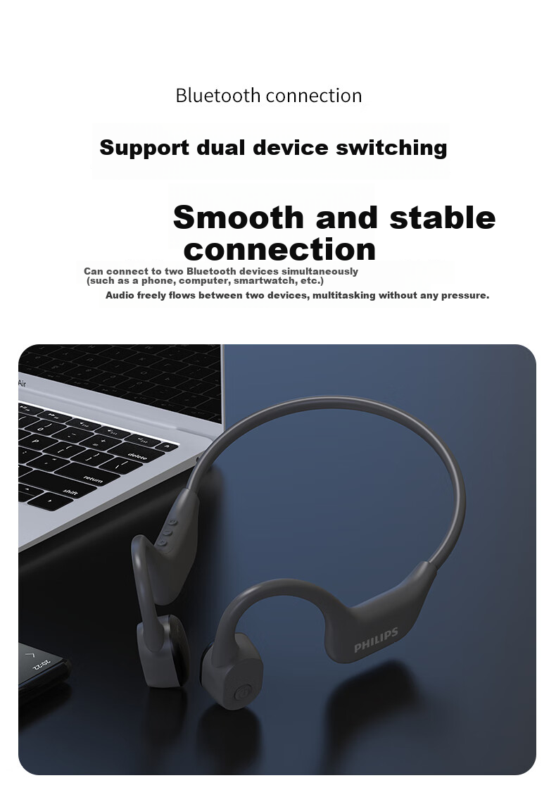 PHILIPS Bone Conduction Bluetooth Headphones, Professional Sports Running, Ear-Hook Style, True Wireless, Open-Ear Design, Not In-Ear, Clip-On, Long Battery Life, High-End Noise Reduction, Suitable for Apple And Huawei, TAA6609C Black 9
