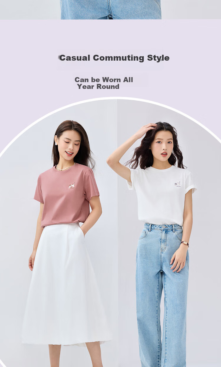 Giordano Women's Short Sleeve T-Shirt, Pure Cotton, Cute Age-Reducing Cat Embroidery, Round Neck Casual Top, 13325327 5