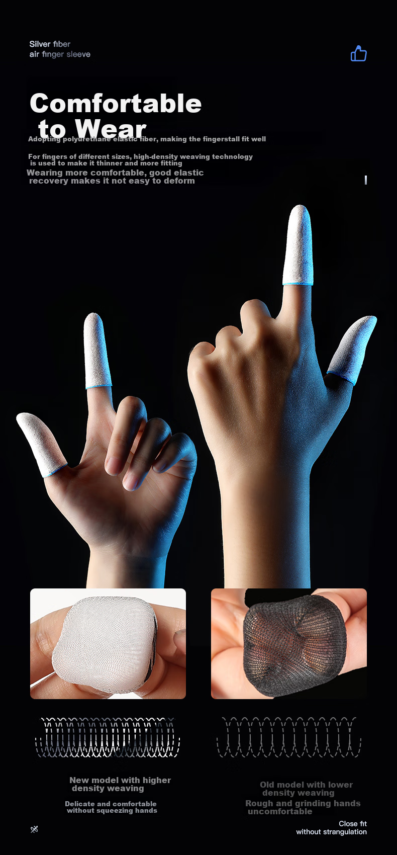 KMaxAI Gaming Anti-Sweat Finger Sleeves, PUBG Essential, Mobile Game Finger Covers, Ice Silk, 6-Pack, Gaming Accessories, Honor of Kings, Peace Elite, Anti-Sweat, Blue And White 3