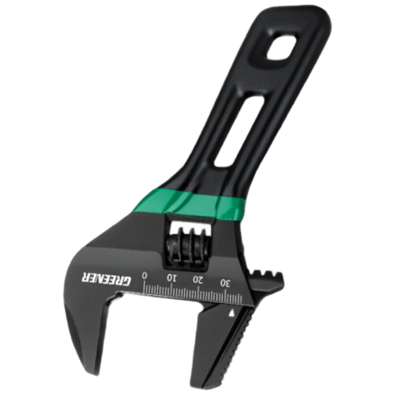 GREENER Wide-Mouth Adjustable Wrench, Short Handle, Slotted, for Home Use, Narrow Spaces, Bathroom Specific, Blackened, with Teeth, 6 Inches