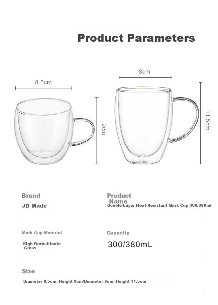 JD Original Glass Cup, Personal Use Tea Cup, Double-Layer Glass Heat-Resistant Coffee Mug, 380ml 8