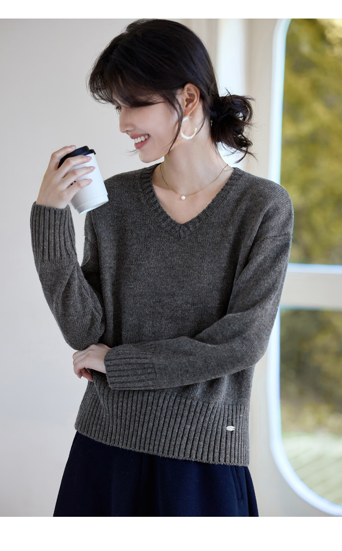 She Enjoy Lazy Style Knitwear Women's Gray V-Neck Sweater Knit Top Base Shirt T53Z093 7