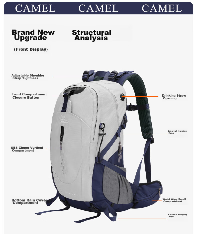 CAMEL Hiking Backpack, Outdoor Backpack, Travel Backpack, Mountaineering Backpack, Trekking Backpack, 2S04001A, Khaki 6