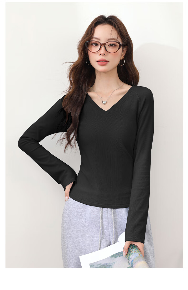 MJ STYLE V-Neck Ruched Brushed Fleece Long Sleeve Slim Fit Thermal Top for Women Autumn Winter 2026 New Trendy Chic 7