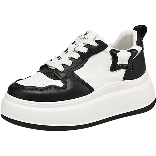 BOERDIQI First Layer Cowhide Versatile White Sneakers Women's Thick Sole Height Increasing Casual Sports Shoes White Black Size 37