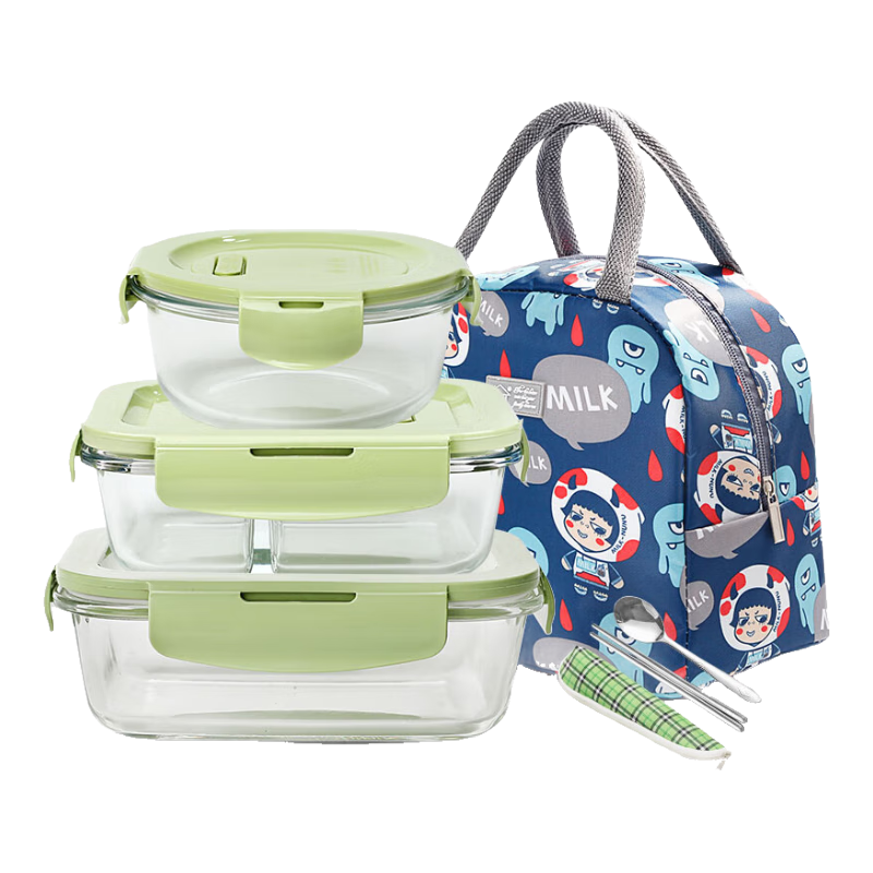 Demasi Heat-Resistant Glass Food Storage Containers, Microwave-Safe Lunch Boxes for Office Workers, Bento Boxes with 1000+ Compartments, 880ml + 650ml + Bag + Tableware Set