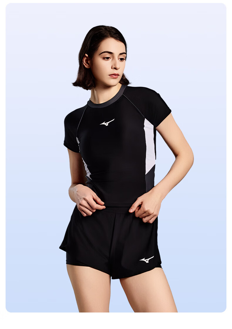 MIZUNO Women's Two-Piece Sun-Protective Short Sleeve and Shorts Swimsuit Slimming Quick-Dry Sports Swimwear GC310 Gray XL 2