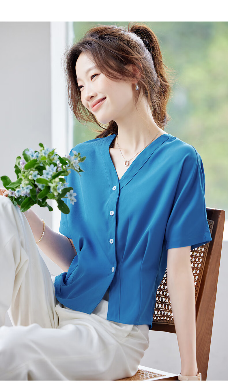 Jeanswest Women's Short Sleeve Shirt 2026 Summer French Style V-Neck Fashion High-End White Top M 3