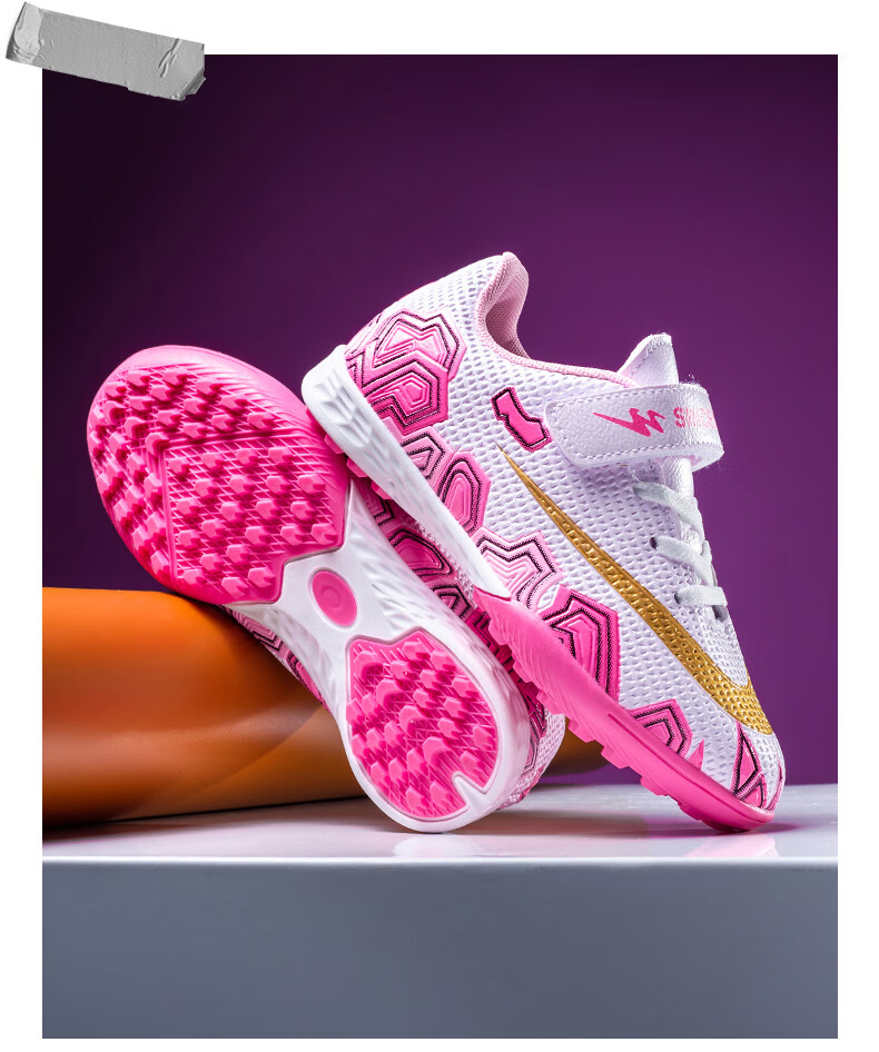 Shuangxing Children's Soccer Shoes, TF Turf Cleats, Summer Student Youth Big Kids Lightweight Non-Slip Wear-Resistant Football Boots, White And Pink, Size 34 31