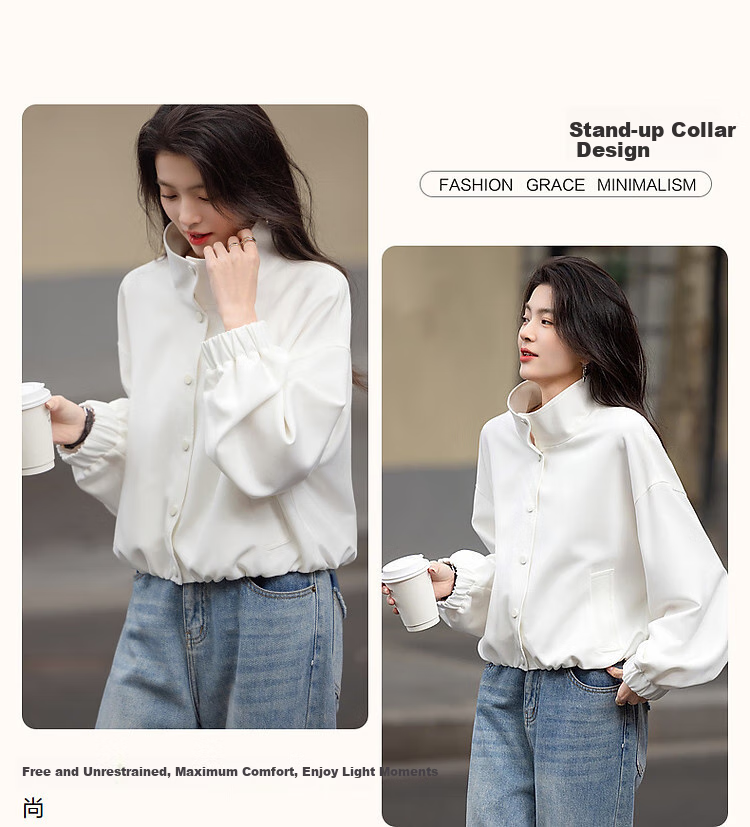 Dme [Minimalist Outfit] Spring High-Count High-Density Pique Mesh Stand Collar Four-Button Elastic Hem Short Women's Jacket 3