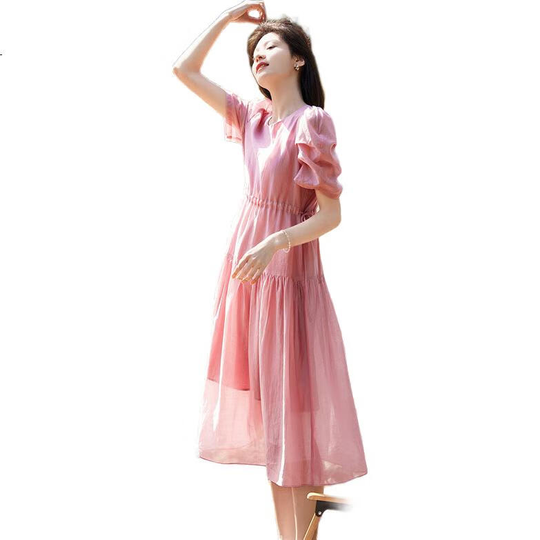 Dme Tencel Doll Dress, French Puff Sleeve, Flowing Tie-Waist Dress for Women, Sheer Pink, L