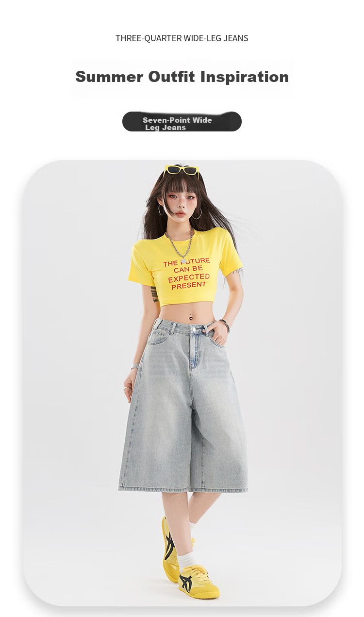 Free Style Vintage High Waist Denim Shorts Women 2026 Summer New Loose Slim Fit Petite Straight Wide Leg Cropped Pants 1