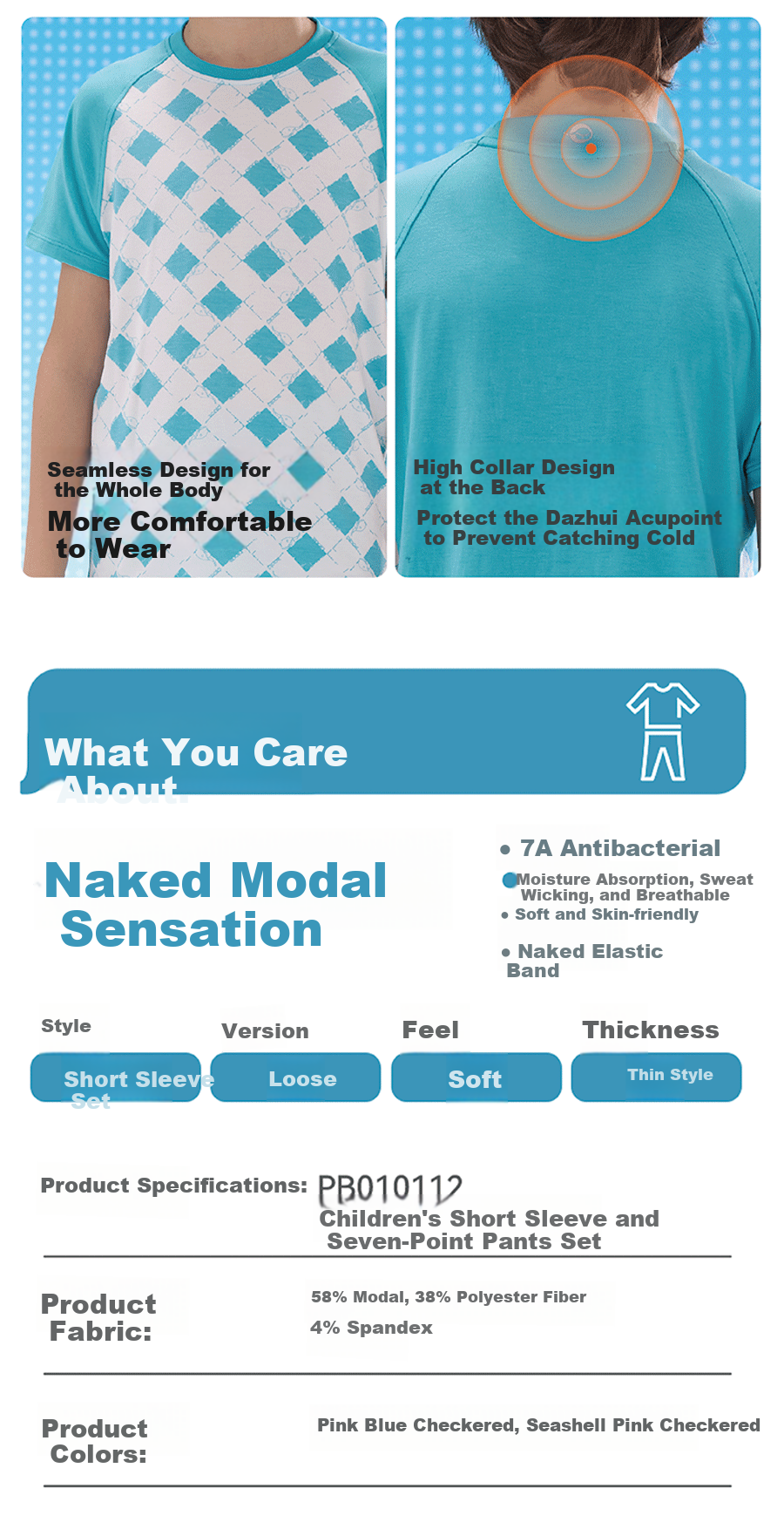 Hinos Children's Quick-Dry Casual Short-Sleeve T-Shirt And 7/8 Length Shorts Set, Indoor Checkered Loungewear, Size 110 Pink And Blue Set 11