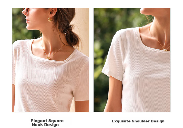 Olrain Square Neck Classic Shoulder Versatile T-Shirt Summer Women's Elegant Simple Stretchy Comfortable Base Top Gardenia White S 7