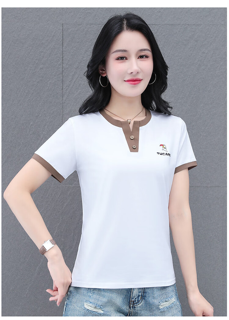 Woodpecker Pure Cotton Crew Neck Shoulder-Fit Short Sleeve T-Shirt for Women Summer New Slim Fit Black M 21