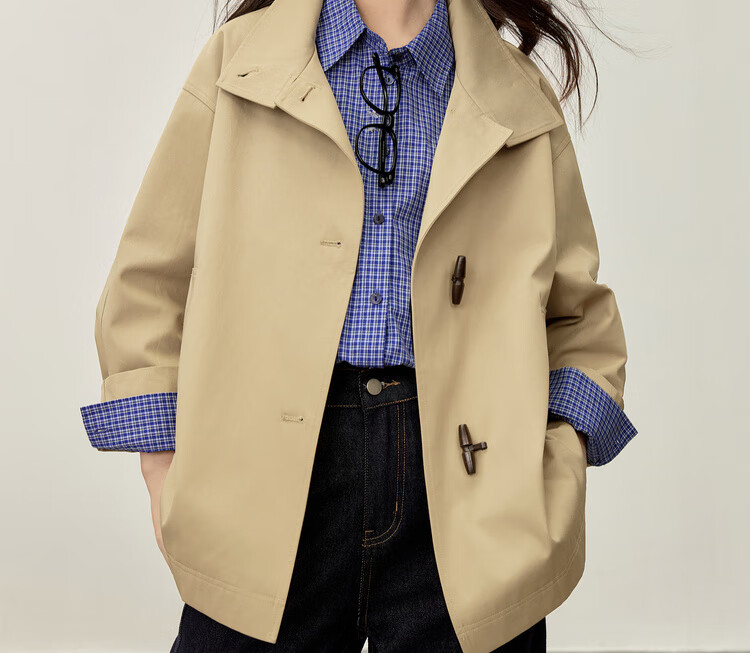 Sentubila British Style Cotton Blend Toggle Coat for Women Autumn Loose Slim Color Block Drop Shoulder Mid-Length Outerwear 4
