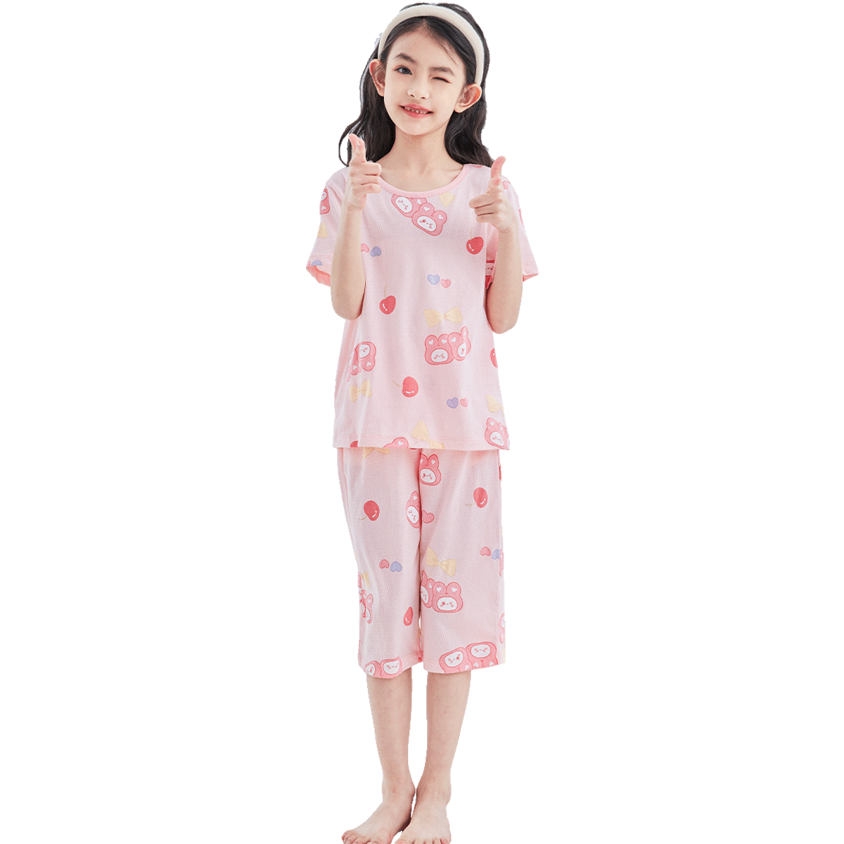 DEESHA [7A Antibacterial Cotton Mesh Jacquard] Girls' Lightweight Short-Sleeve Pajama Set, Soft Cotton Skin-Friendly Air Conditioning Wear