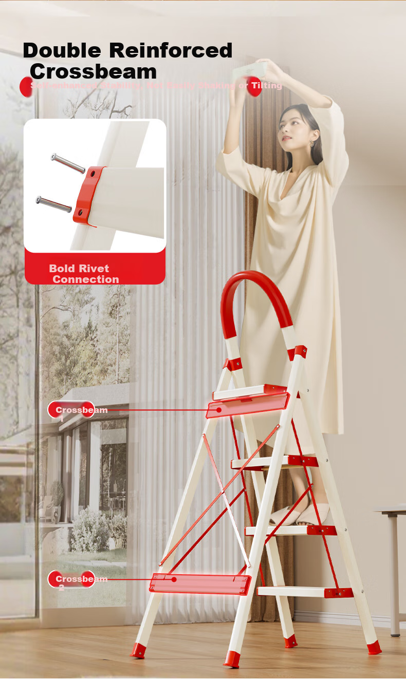 DU PONT Folding Aluminum Alloy Ladder for Home Use, Thickened A-Frame Ladder, Climbing Ladder, Safety Ladder, Step Ladder, Red And White, 5 Steps 7