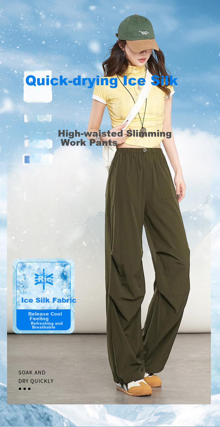 Ziyouxi Women's Cargo Pants, Summer Lightweight Ice Silk Quick-Dry Casual Wide-Leg Pants, 2026 New High-Waist Slimming Hiking Sports Trousers 1