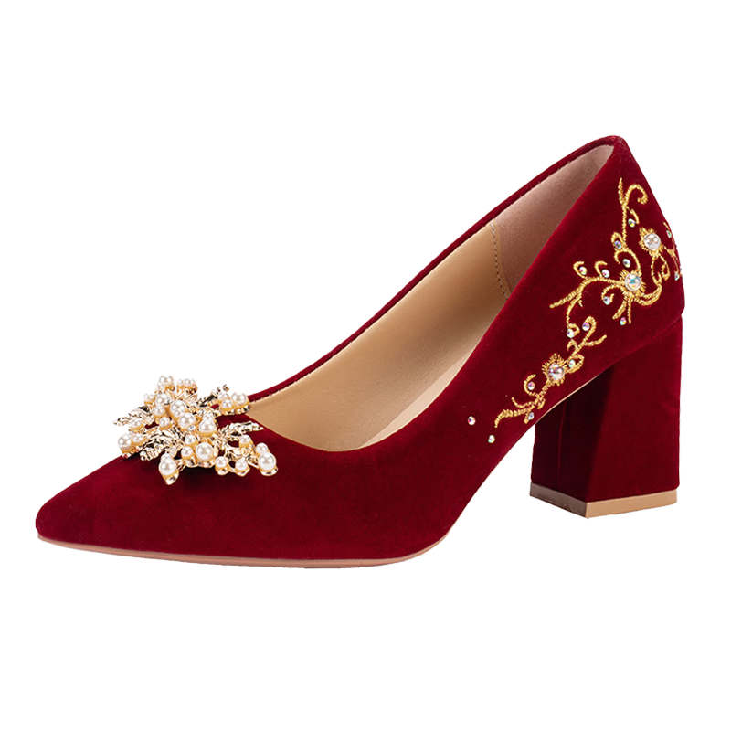 FOOTOPPO Chinese Style Red Block Heel Wedding Shoes for Women Bridal Red Shoes High Heels for Bride Xiuhé Dress Wedding Gown Toasting Shoes