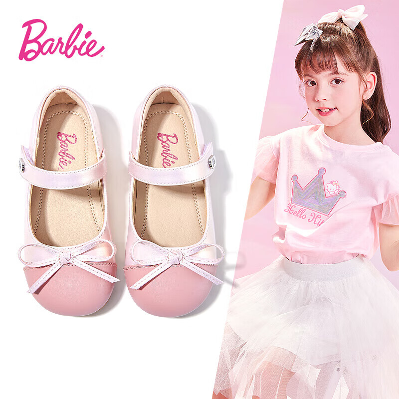 Barbie Children's Shoes, Spring And Autumn Kids Leather Shoes, Cute Color-Block Princess Style Girls' Small Leather Shoes, Fashion Shoes DA6039 Pink Size 27