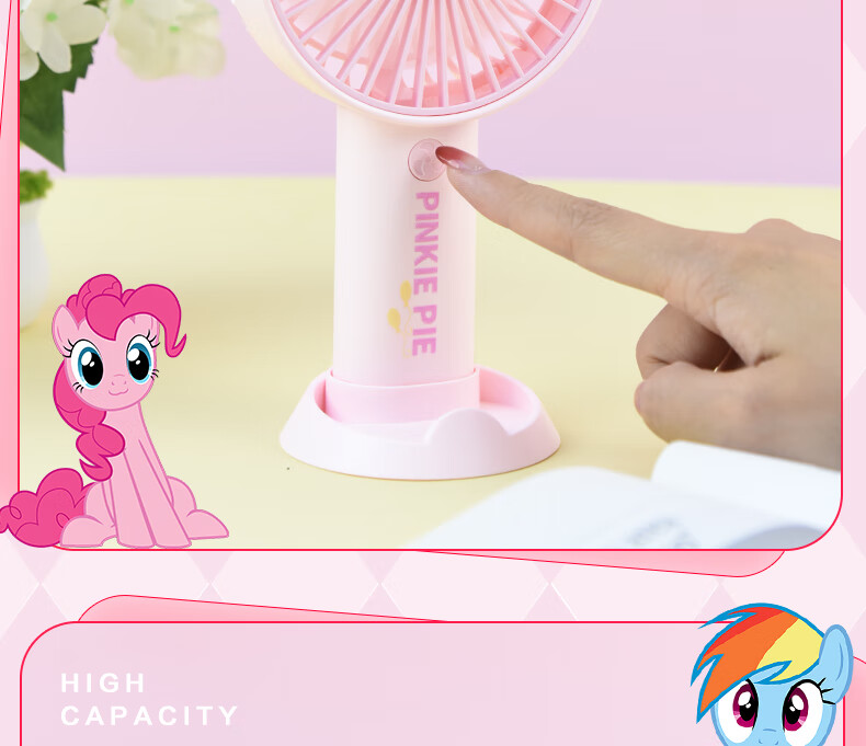 Ouliwen Small Fan, Desktop And Bed Handheld Quiet USB Rechargeable Low Noise Three-Speed with Base, Portable Mini High-Power Office Dormitory Fan, My Little Pony Blue 7