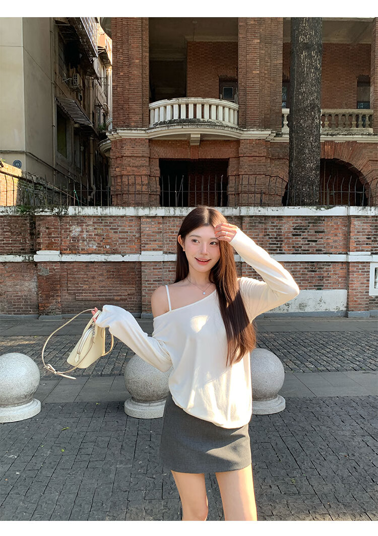 TUCANO Slanted Shoulder Long-Sleeve T-Shirt for Women, Autumn New Style, Elegant Loose Casual High-End Base Shirt Top, White, M 4
