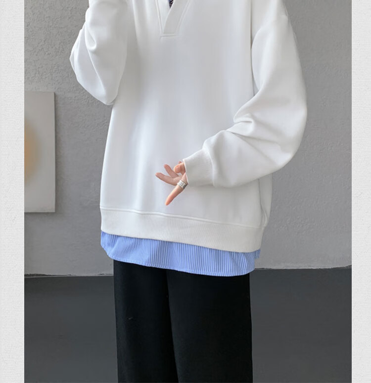 Dingfengbaoluo Sweatshirt, Faux Two-Piece Design, Spring Men's Fashion Casual Loose V-Neck Top, TID02 Black 2XL 7