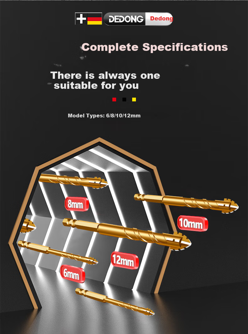 Dedong Four-Blade Serrated Eccentric Drill Bit for Tiles, Concrete, Stainless Steel, Dry Drilling, Angled Head, 6+8+10mm Three Pieces 19
