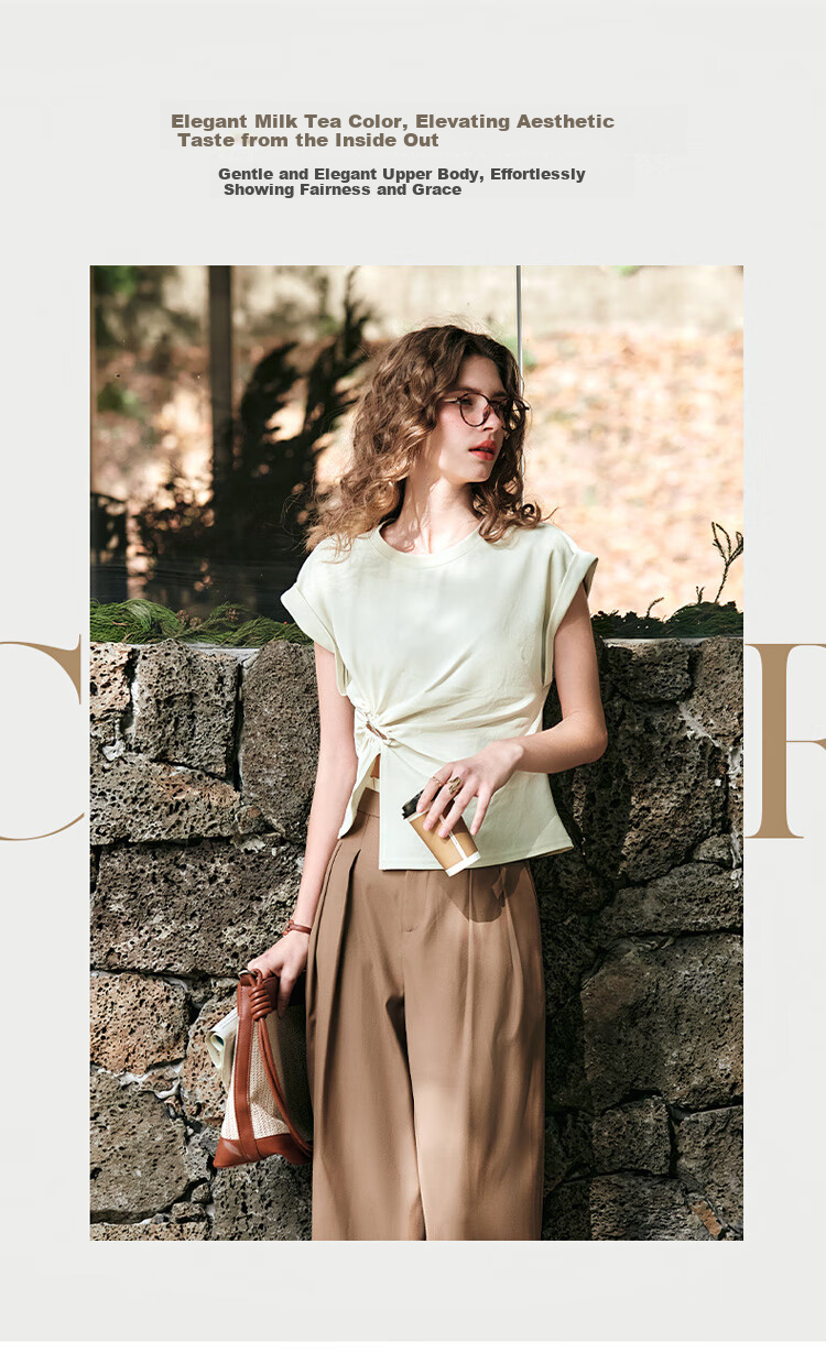 Olrain Irregular Pleated Waist-Tied T-Shirt Women's Summer Stylish Short Sleeve Top Milk Tea Color M 11