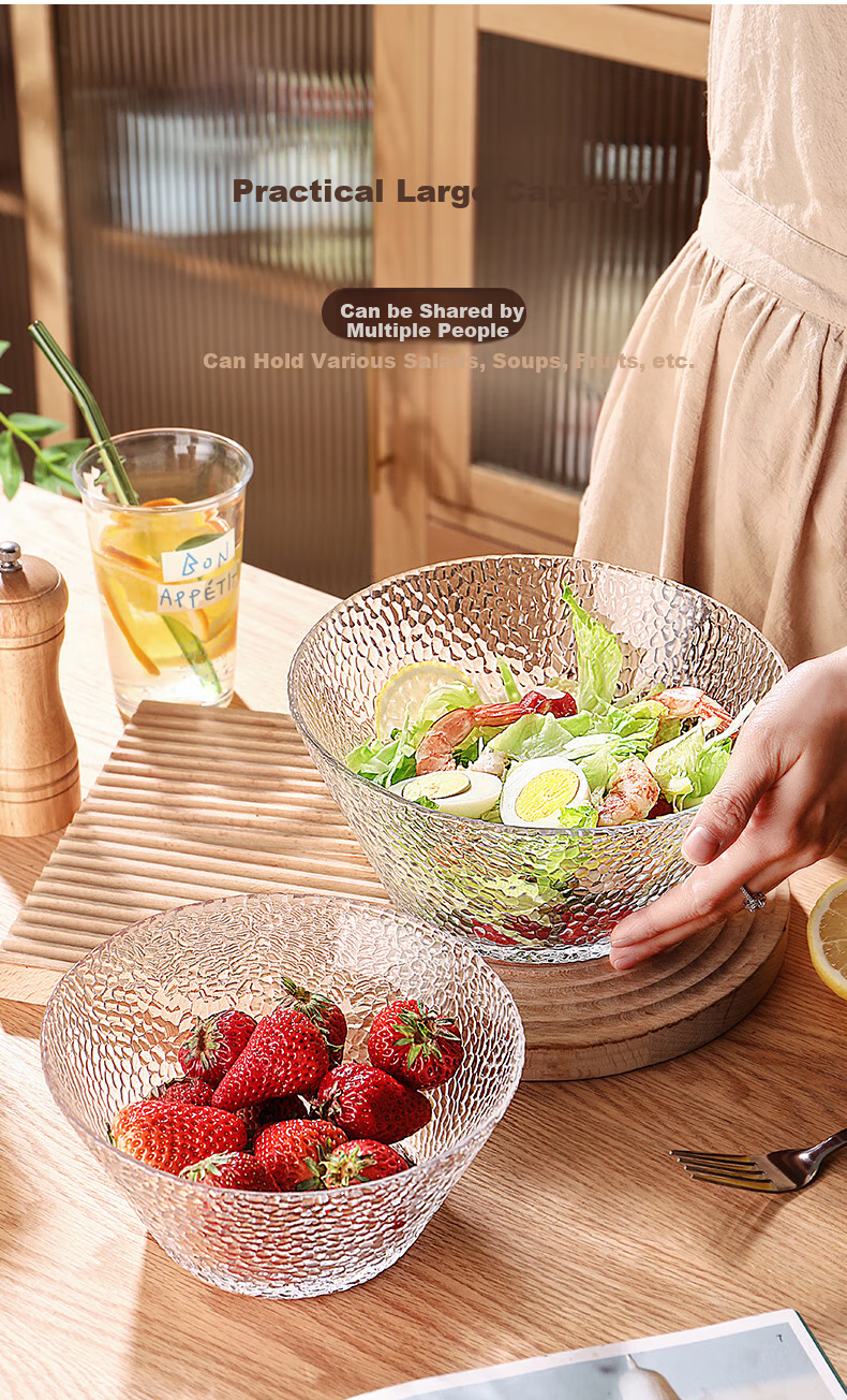 CRISTALGLASS Glass Salad Bowl, Hammered Texture Transparent Glass Bowl, Cold Dish Vegetable Fruit Plate, Dessert Bowl, Tableware, Large Size 1600ml 8