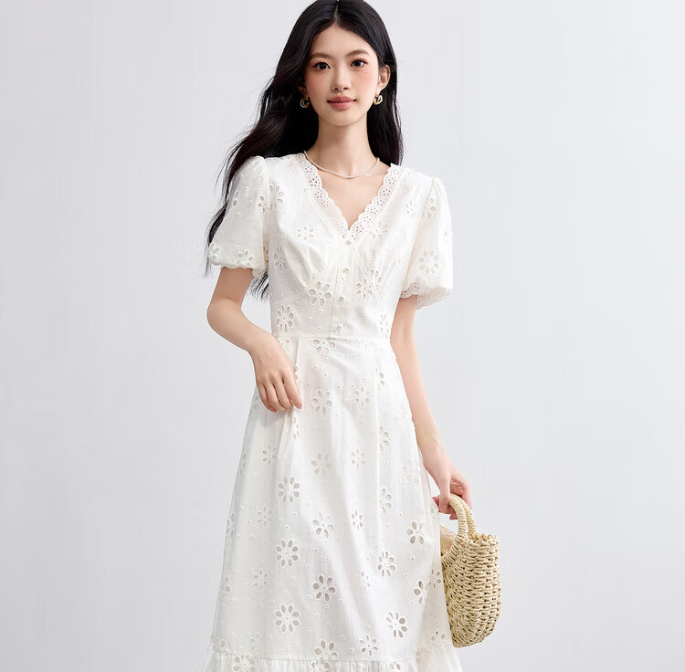 Sentubila Pure Cotton Lace V-Neck Lantern Sleeve White Dress for Women, Summer Elegant Pearl Button Embroidered A-Line Slimming Mid-Length Dress 4