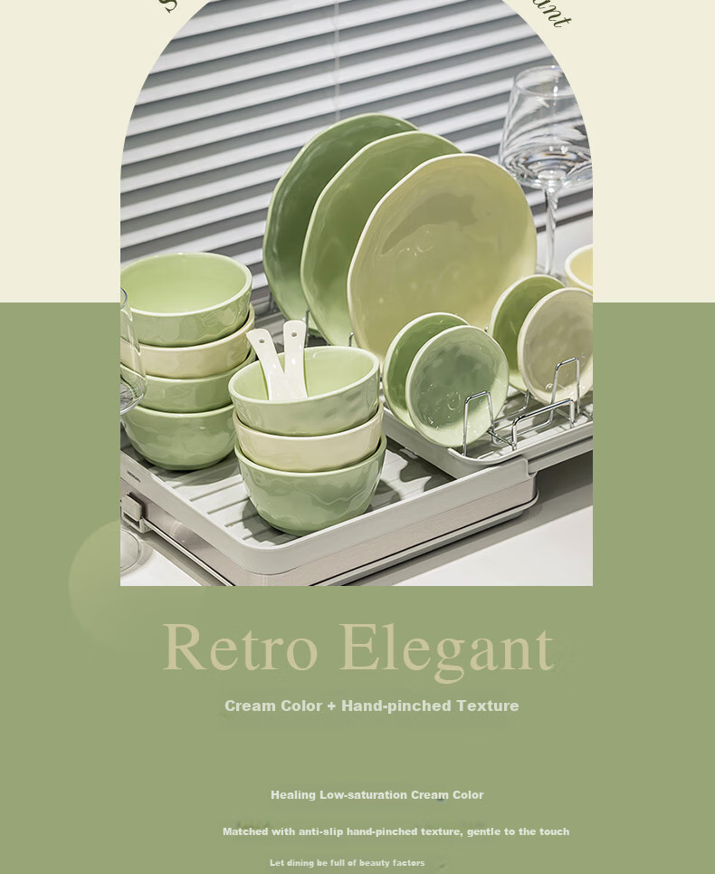 KANGMO New Home Cream Style Ceramic Dinnerware Set, Moving Gift, 26-Piece Yellow And Green Tableware Set 3
