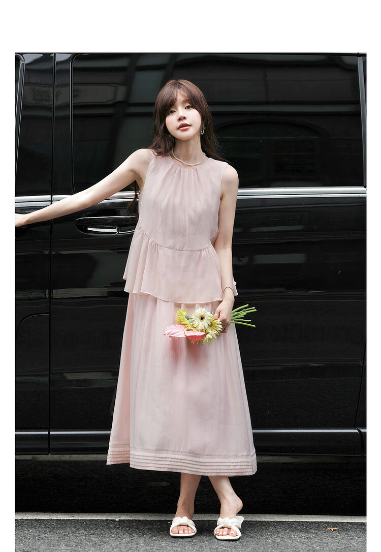 Mt [Shuxiang Laisai] Summer European Style Two-Piece Elegant Sweet Sleeveless Dress for Petite Women, Long Length 2