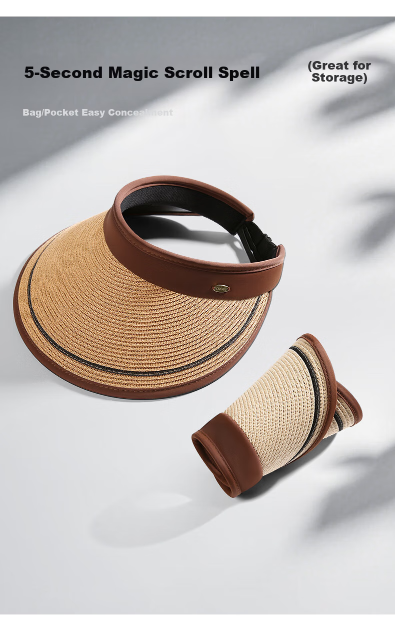 CACUSS Women's Summer Straw Sun Hat with Open Top, Wide Brim, Fashionable Floral Ribbon, Face-Slimming Sun Hat, Huaxin Coffee Color 10