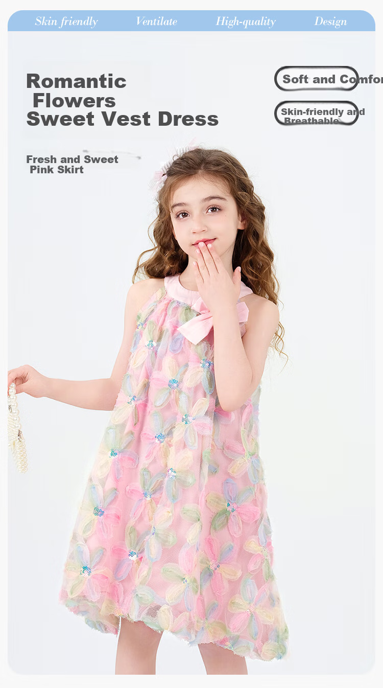 Disney Girls' Princess Dress, Summer Beach Vacation Style, Sleeveless Dress, Girls' One-Piece Dress, Bow Tie, Pink, Size 110 1