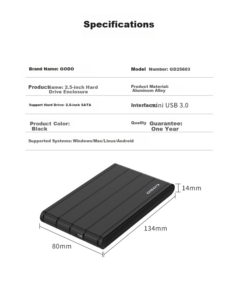 GODO 2.5-Inch Physical Encryption Hard Drive Enclosure, Hardware Keypad Protection, Data SATA Password-Protected Portable SSD Enclosure, Anti-Jamming 10